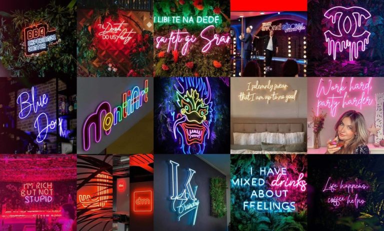 Over ons Neon sign in felle kleuren - illustratie voor online een neon sign te kopen